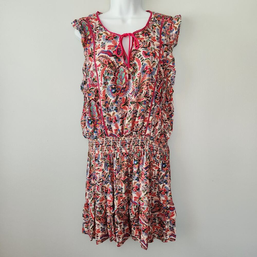 Natural Life Lyla Smocked Dress Womens XL Pink Leafy Floral Tiered Boho Tropical